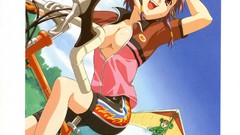 Nature Anime red eyes sitting anime girls brunettes skies 