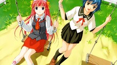 Nature Anime swing sitting schoolgirls blue hair pink hair 