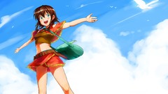 Nature clouds Birds Anime smiling anime girls blue eyes 