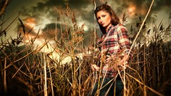 Nature clouds woman wheat jeans fashion fields brunettes models 