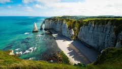 Nature grass blue summer ocean coast France cliffs rocks chalk 