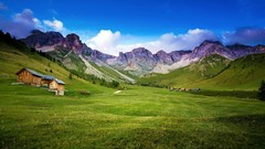 Nature grass Mountains summer cloud houses skies HDR 