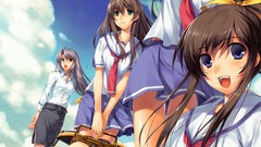 Nature grass red eyes sitting skirts long hair green eyes 