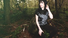 Nature green eyes black hair forests red lipstick pale skin 