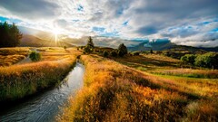 nature hdr sunset landscape field clouds Trees plains grass path