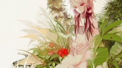 Nature Plants dress insects red eyes sitting earrings pink hair 