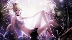 Nature Shorts sitting outdoors blondes vocaloid yellow eyes 