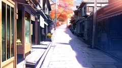 Nature Trees shop roads buildings sunlight cobblestones asian 