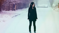 Nature Trees snow winter black blue purple woman headphones 