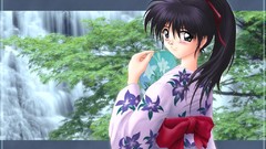 Nature Trees waterfalls gray eyes anime girls brunettes 