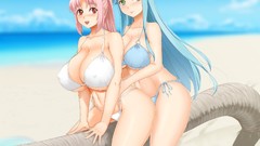 Nature water ass Anime red eyes sitting Beaches blue hair pink 