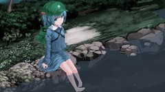 Nature water Plants sitting bushes outdoors skirts blue hair 