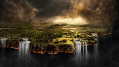 Nature waterfalls continent forests outer space artwork