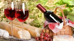 Nature wine glasses picnic baguette