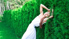 Nature woman long hair closed eyes brunettes white dress girls 