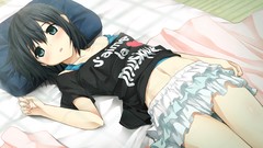Navel beds t-shirts pillows skirts blush anime girls blue eyes 