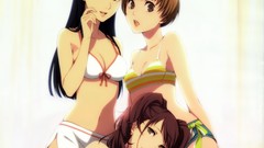 Navel bows long hair anime girls brown eyes brunettes short 