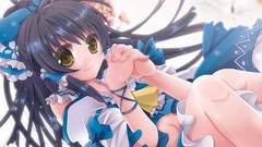 Navel bows skirts long hair anime girls brown eyes blossoms 