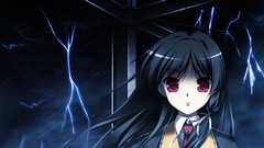 Night black rain dark Lightning red eyes long hair anime girls 
