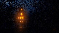 Night branches lights Halloween houses fences haunted house 