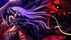 Night clouds moon Anime horns kimono blush heterochromia purple 