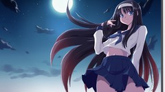 Night clouds moon long hair anime girls school uniforms seifuku 