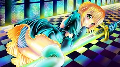 Night Excalibur dress saber gloves floor elbows blush anime 