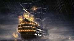 Night fantasy art battleships in the rain