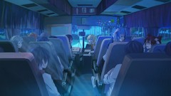 Night interior bus seats curtains blondes blue hair long hair 