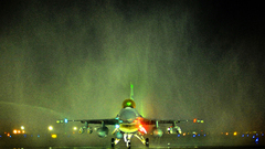 Night lights runway grainy