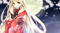 Night moon bows blondes long hair anime girls full moon skies 