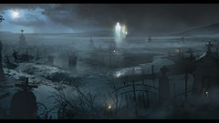 Night moon cross cemetery glowing gates Electronic Arts