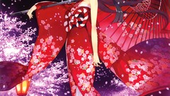 Night moon sakura kimono masks anime girls skies flower petals 