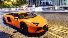 Night orange cars Lamborghini automobile cities vehicles 