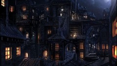 Night Portuguese houses cityscapes Medieval artwork digital art 