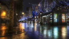 Night rain lights Paris France avenue streets Champs Elysées