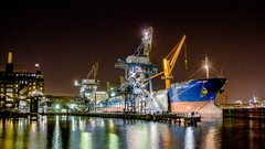 Night ships reflections urban rivers factories baltimore HDR 