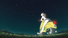 Night Stars Anime Scooters pink hair anime girls skyscapes high 