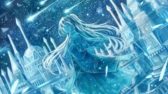 Night Stars blue dress buildings cities long hair anime girls 