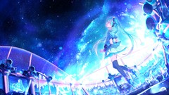 Night Stars blue headphones outdoors skirts long hair anime 