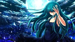 Night Stars clouds moon dress red eyes long hair blue eyes full 