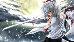 Night Stars clouds moon weapons Katana back hats white hair red 