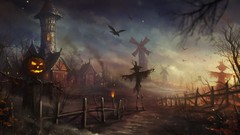 Night tower windmills Halloween Wooden fence fences pumpkins 
