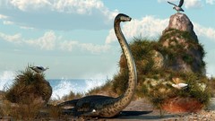 Ocean Birds Dinosaurs Beaches artwork digital art Elasmosaurus