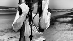 Ocean woman wet Beaches brunettes models panties grayscale 