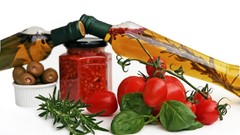 Oil olives tomatoes bottles spices