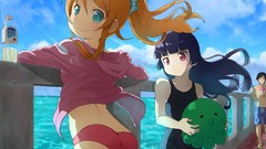 Outdoors smiling anime girls blue eyes ponytails black hair 