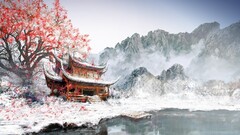 painting Japan winter white snow Mountains cherry blossom ice