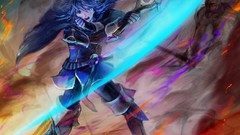 Paintings armor gloves drawings blue hair boots blue eyes fire 