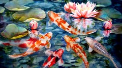 Paintings Flowers fish koi